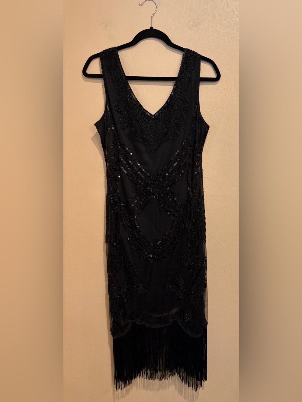 Elegant Black Beaded Flapper Dress, w/ Fringe, Stunning 1920s, Size L